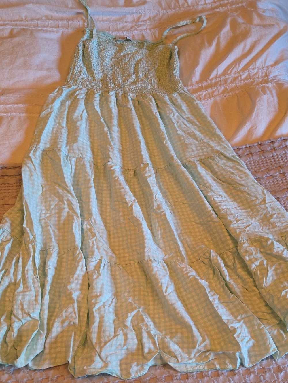 Smocked Gingham Midi Dress in Light Green